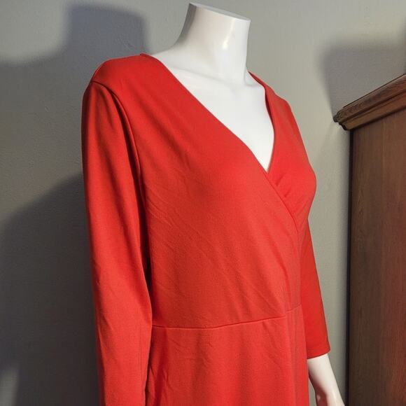 LANDS' END Red Faux Wrap Dress 14-16 Modest Midi Career Church Flattering V-Neck - Picture 9 of 11